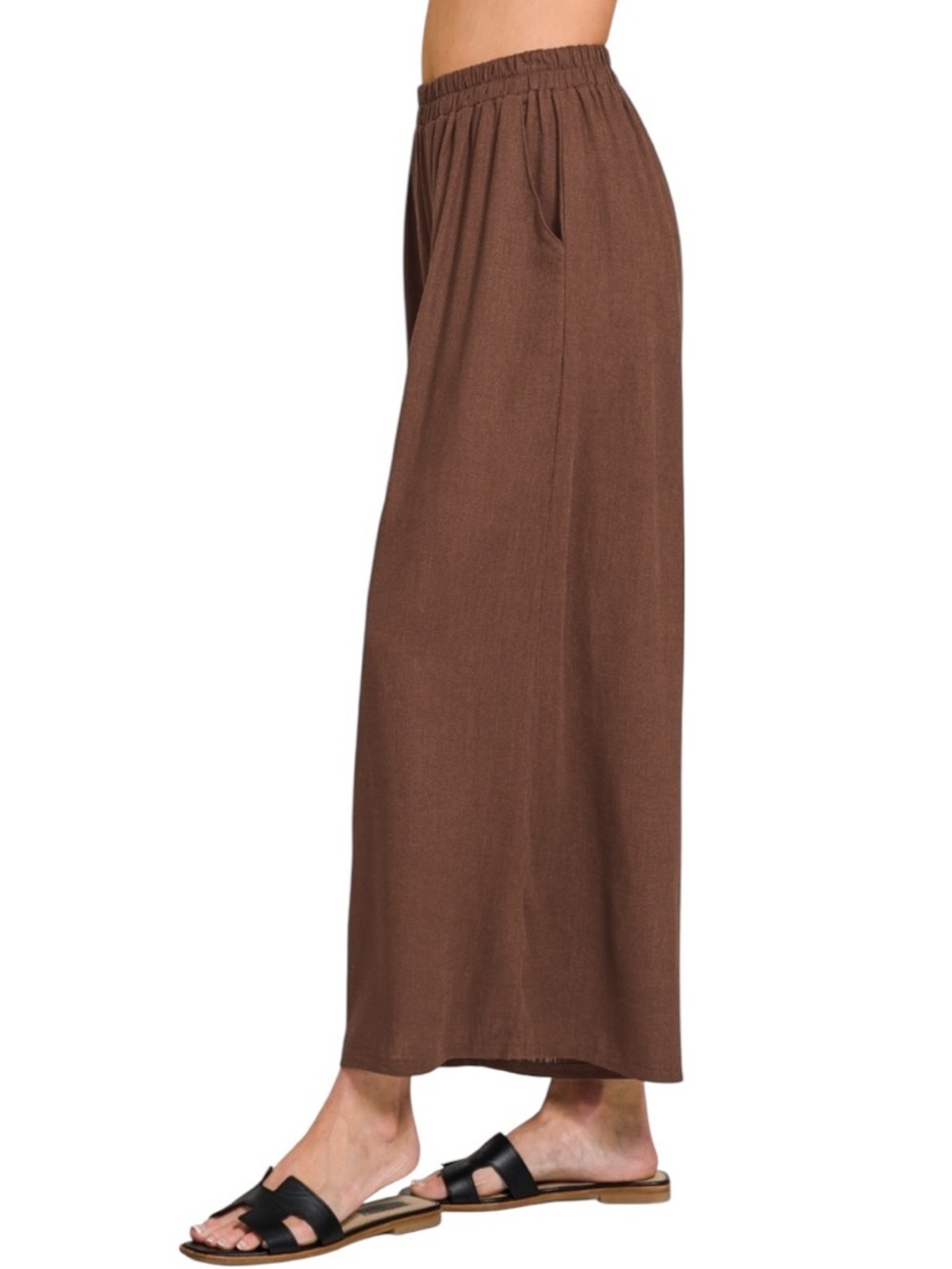 Zenana Brown Wide Leg Linen blend Pants - Picture 2 of 5